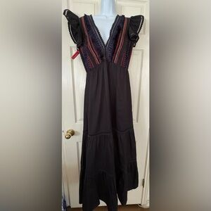 Sachin and Babi Black Cotton Maxi Dress embroidery and fringe NWT Size 4